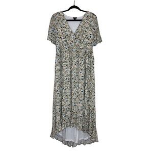 Torrid Rayon White Tan Blue Floral Pocket Elastic Waist Faux Wrap Maxi Dress 0/L